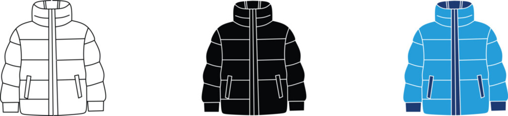 Puffer jacket icon set featuring outline, solid, and colored variations for winter apparel, fashion e-commerce, and outerwear stores. © PixelRoot Studio