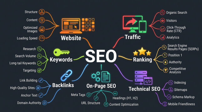 Mind map illustrating SEO components: Website, Traffic, Keywords, Backlinks, On-Page SEO, Ranking, Technical SEO. Symbolizes digital marketing strategy.