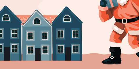 Santa claus holding a present walking past colorful suburban houses with christmas neighborhood illustration seasonal character delivery greetings background residential traditional december © JAFOR