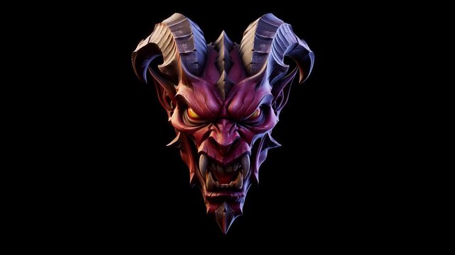 Scary Horned Demon Head Shaking on Black Background