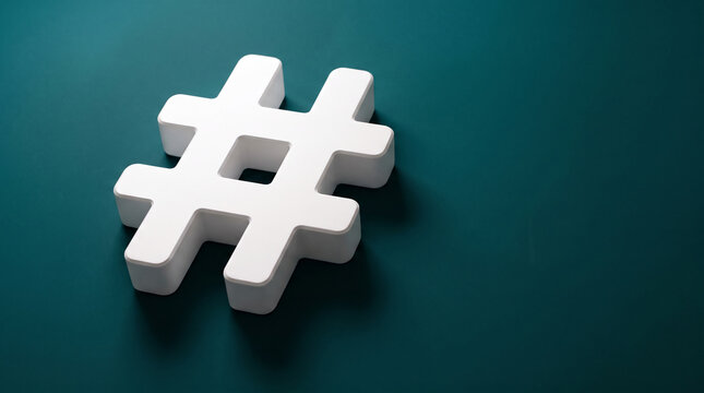 White 3D hashtag symbol on teal background, representing social media, internet, and communication, ideal for digital marketing concepts