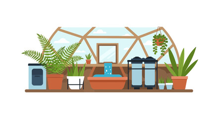 Obraz premium Sustainable Geodesic Dome Greenhouse with Aquaponics System and Indoor Plants Vector