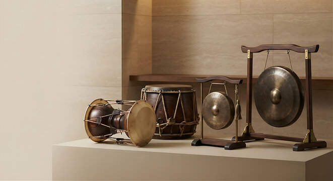 Four Traditional Korean Samulnori Percussion Instruments