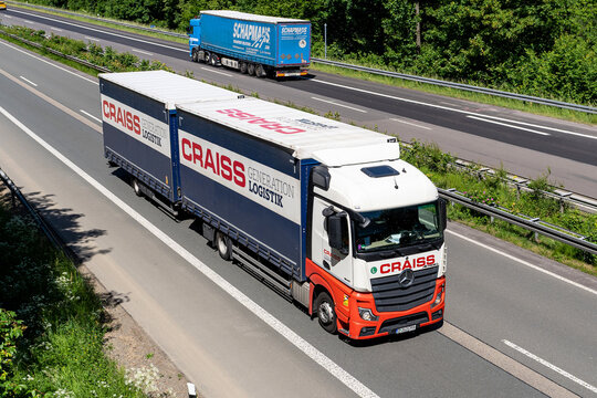 Wiehl, Germany - May 26, 2026: Craiss Mercedes-Benz Actros combination truck on motorway