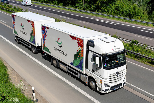 Wiehl, Germany - May 26, 2026: DP World Mercedes-Benz Actros combination truck on motorway