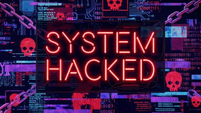 Red neon SYSTEM HACKED warning glowing on glitchy digital background, cyber attack symbols, data streams, network breach, cybersecurity concept, 4K video