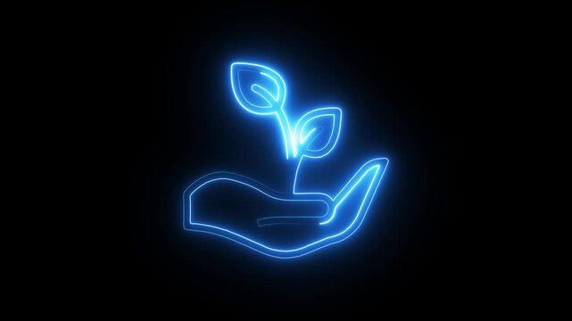 Glowing neon hand holding tree icon isolated , tree save icon isolated.  creating a visual metaphor for growth and care, perfect for eco-friendly themes.