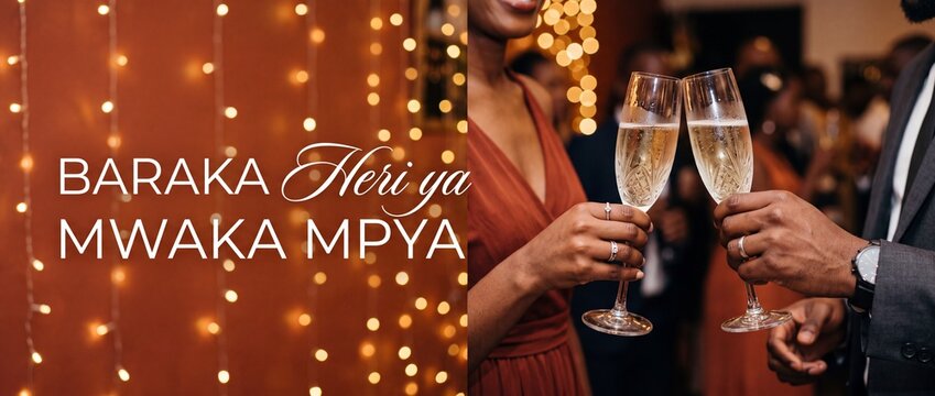 Happy New Year champagne toast couple celebrating with festive lights, Swahili Heri ya Mwaka Mpya greeting text, elegant African couple clinking glasses at holiday party event