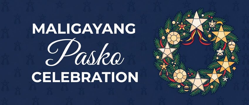 Maligayang Pasko Filipino Christmas Wreath greeting banner featuring traditional parol lantern decorations and pine leaves for festive holiday background and seasonal celebration design.