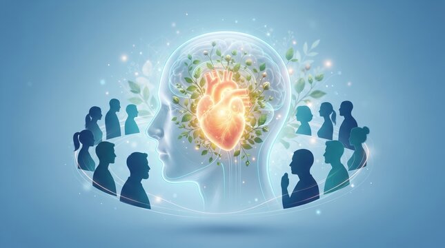 Human head profile with a glowing anatomical heart and surrounding silhouettes of diverse people representing empathy and community connection