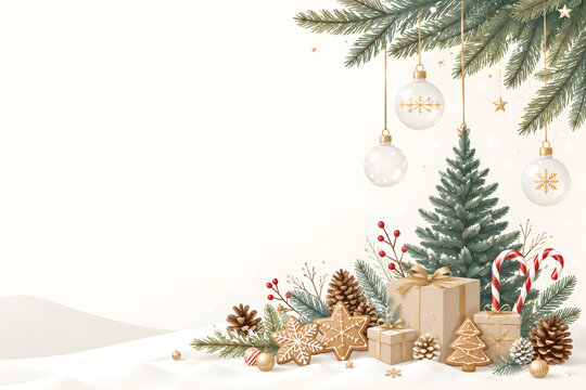 Christmas festive composition with pine branches, ornaments, gifts, and gingerbread cookies isolated on white background
