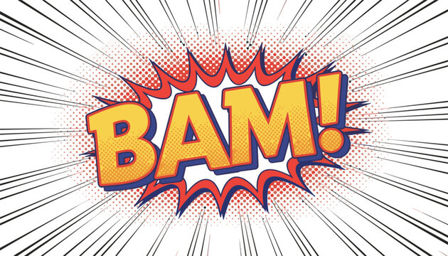 Vibrant comic book style pop art explosion with the word bam in yellow and red over a dotted radial background.