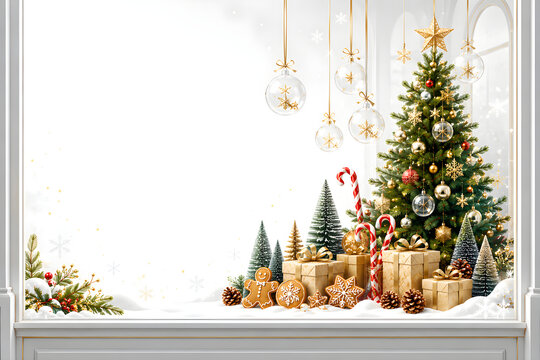 Christmas tree with gifts, gingerbread cookies, and hanging ornaments on a snowy background