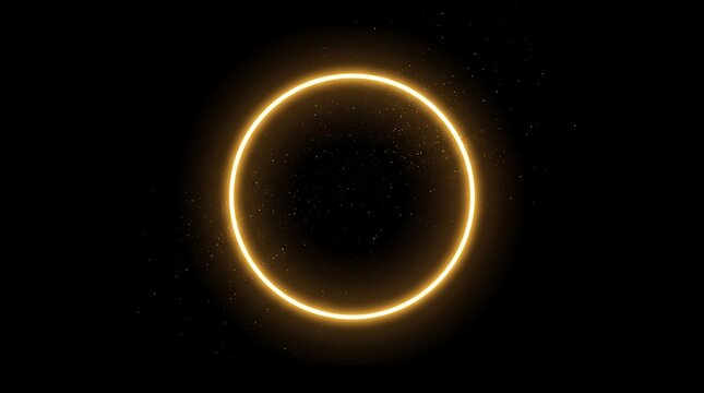 Abstract glowing golden neon circle frame with floating sparkle particles isolated on black background for luxury banner backdrop