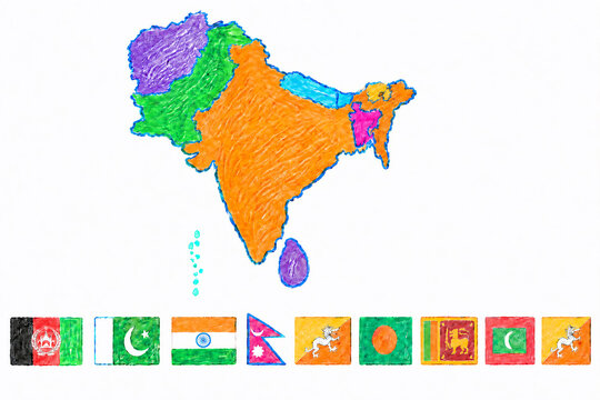 South Asia region hand-drawn map with flags, colored pencil sketch &mdash; not official, no border guarantee