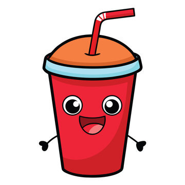 A Happy Kawaii Red Soda Cup Character Vector - Refreshing Drink Mascot with Straw, Eyes, and Smiling Face