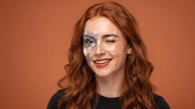Woman with red hair and silver eye paint winking at the camera.