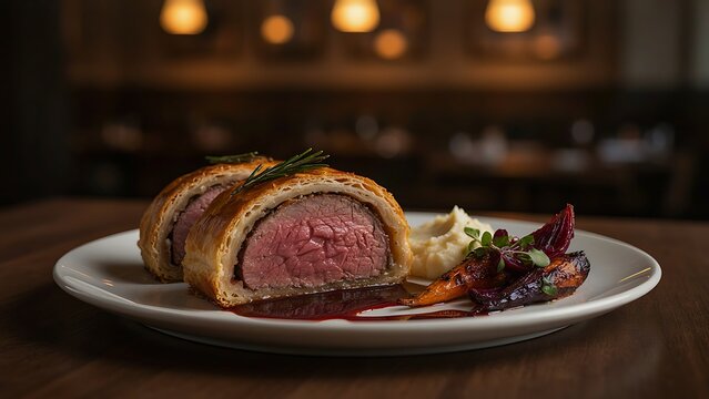 A high-end restaurant plating of tender Beef Wellington with jus reduction and roasted vegetables, created with generative AI.