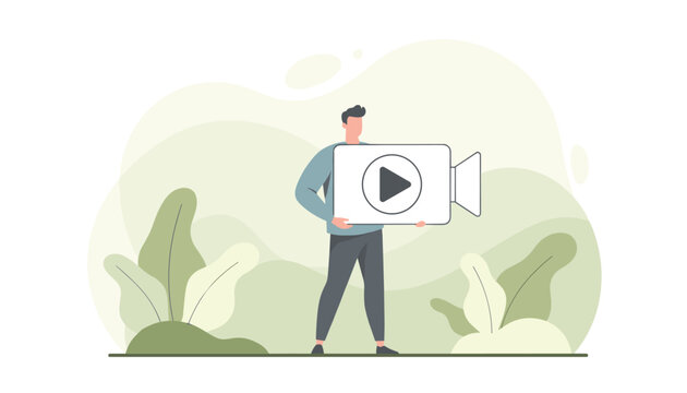 Creative vector illustration of a young man holding a large video camera icon on a soft green organic background.