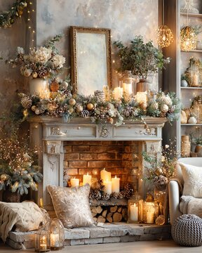 Cozy fireplace adorned for winter holidays.