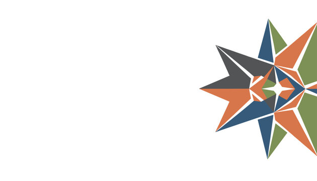Multicolored abstract geometric compass star shape positioned creatively on the right side of a clean white background.