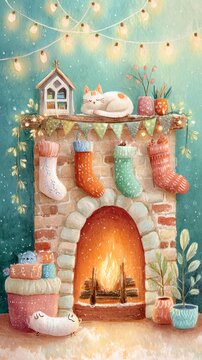 Cozy fireplace decorated for festive season.