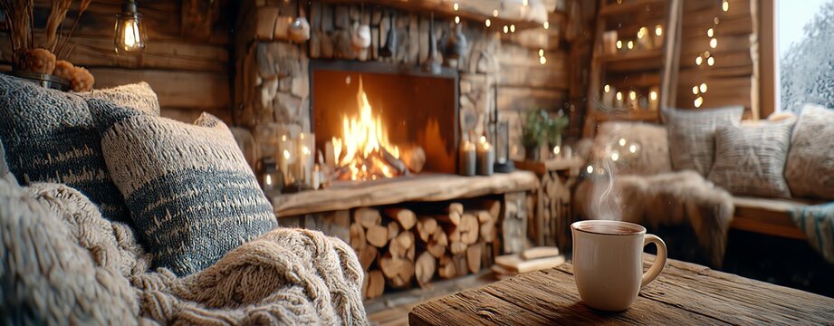Cozy cabin interior with a warm fireplace.