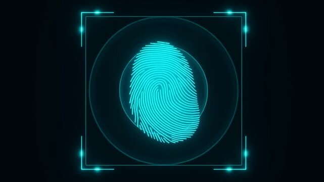 Glowing fingerprint centered in a neon digital square against black background
