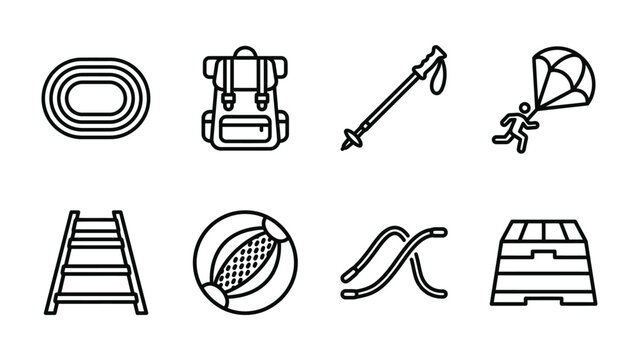 Outdoor Sports and Activity Icons: A collection of simple line icons representing various outdoor sports and leisure activities, including a running track, backpack, hiking pole, parachute, ladder.