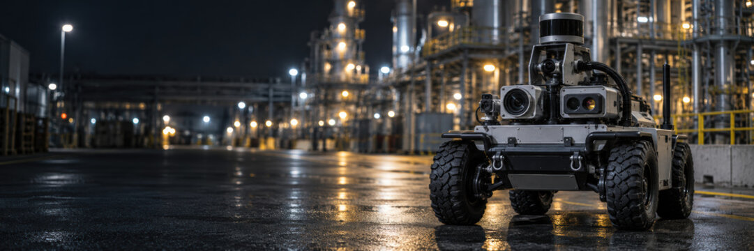 Autonomous inspection robot at industrial facility at night