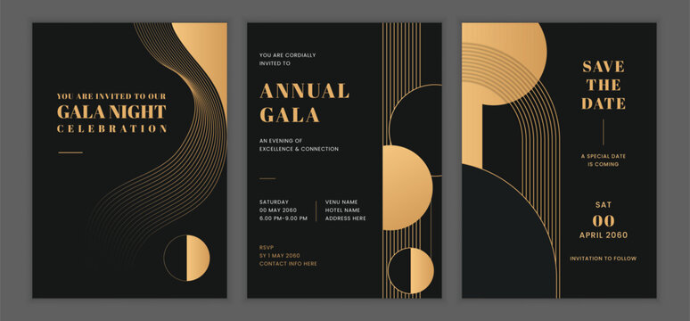 Premium annual gala night and save the date invitation card set with geometric golden shapes and elegant black luxury background design for VIP celebration, poster, and elite branding use