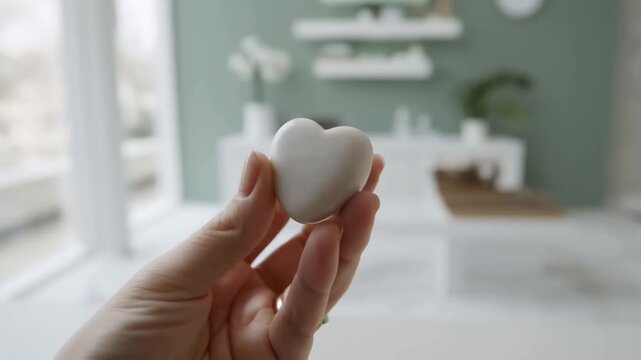 Hand holding white heartshaped object in bright home interior closeup