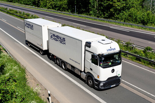 Wiehl, Germany - May 26, 2026: Rhenus High Tech Mercedes-Benz Actros L combination truck on motorway