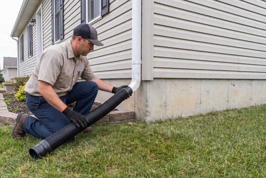 Technician attaching flexible drainage pipe to roof downspout