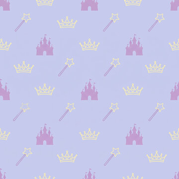 Minimalist fairytale princess crowns castles and magic wands on periwinkle blue seamless pattern background