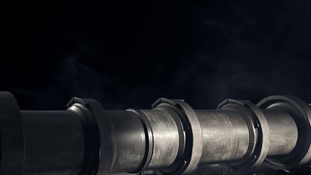 Industrial Metal Pipe Surrounded by Steam in Dark Industrial Setting, Close View