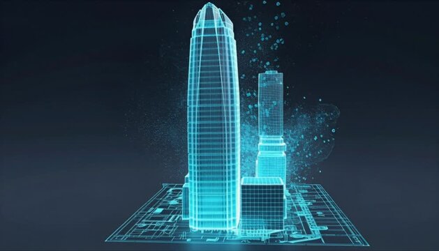 cyan digital blueprint morphing into glass monolith building