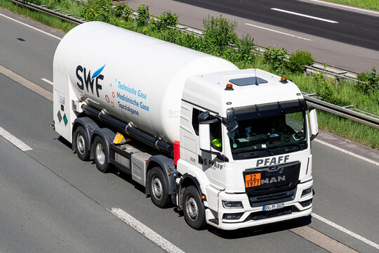 Wiehl, Germany - May 26, 2026: Pfaff SWF MAN gas truck on motorway