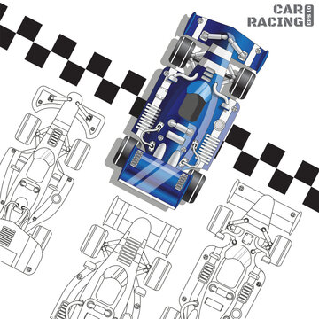 Racing cars at the finish line. View from above. Isolated on white background. Vector illustration. 