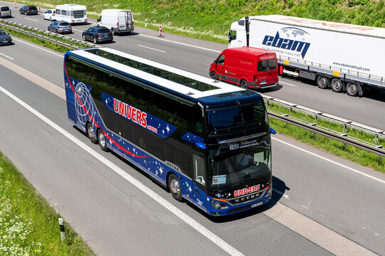 Wiehl, Germany - May 26, 2026: Univers Setra S 531 DT coach on motorway