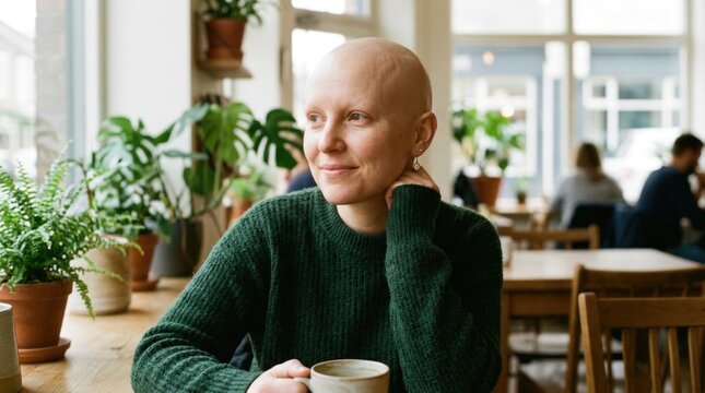 Bald female thinker: alopecia condition, peaceful relaxation, cafe interior, morning coffee, daylight reflection, green knitwear, plant decor, serene mood.