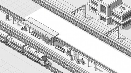 Obraz premium Isometric illustration of urban railway station platform with commuters and overhead tracks