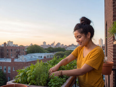 Woman tending a balcony herb garden at sunset