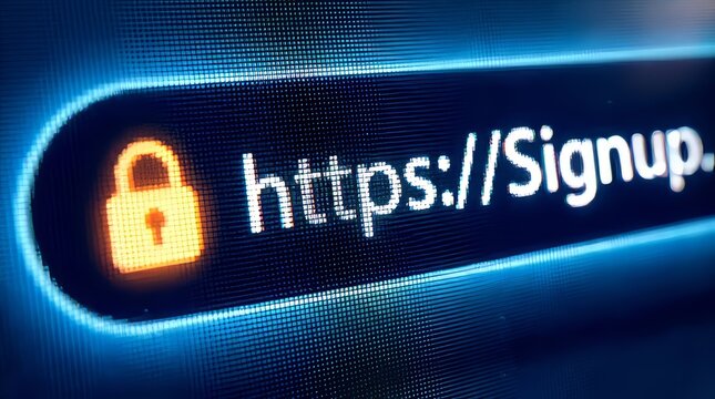 Secure signup web address bar with padlock icon. HTTPS protocol for safe login. Cyber security login page.