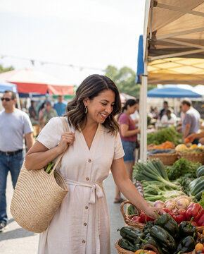 Woman choosing fresh peppers at an outdoor market