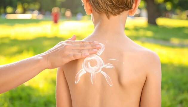 Sunscreen drawing of a sun on child back outdoors.