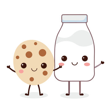 Cute smiling cartoon chocolate chip cookie and milk bottle characters vector illustration for kids and food design concepts