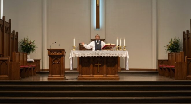 A sermon is delivered in a church, with a man standing at a pulpit, arms outstretched