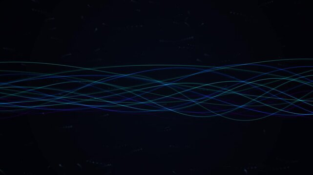 Cyan and violet waveforms oscillate across a dark background