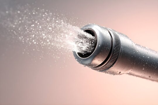Closeup metal nozzle spraying water stream with droplets